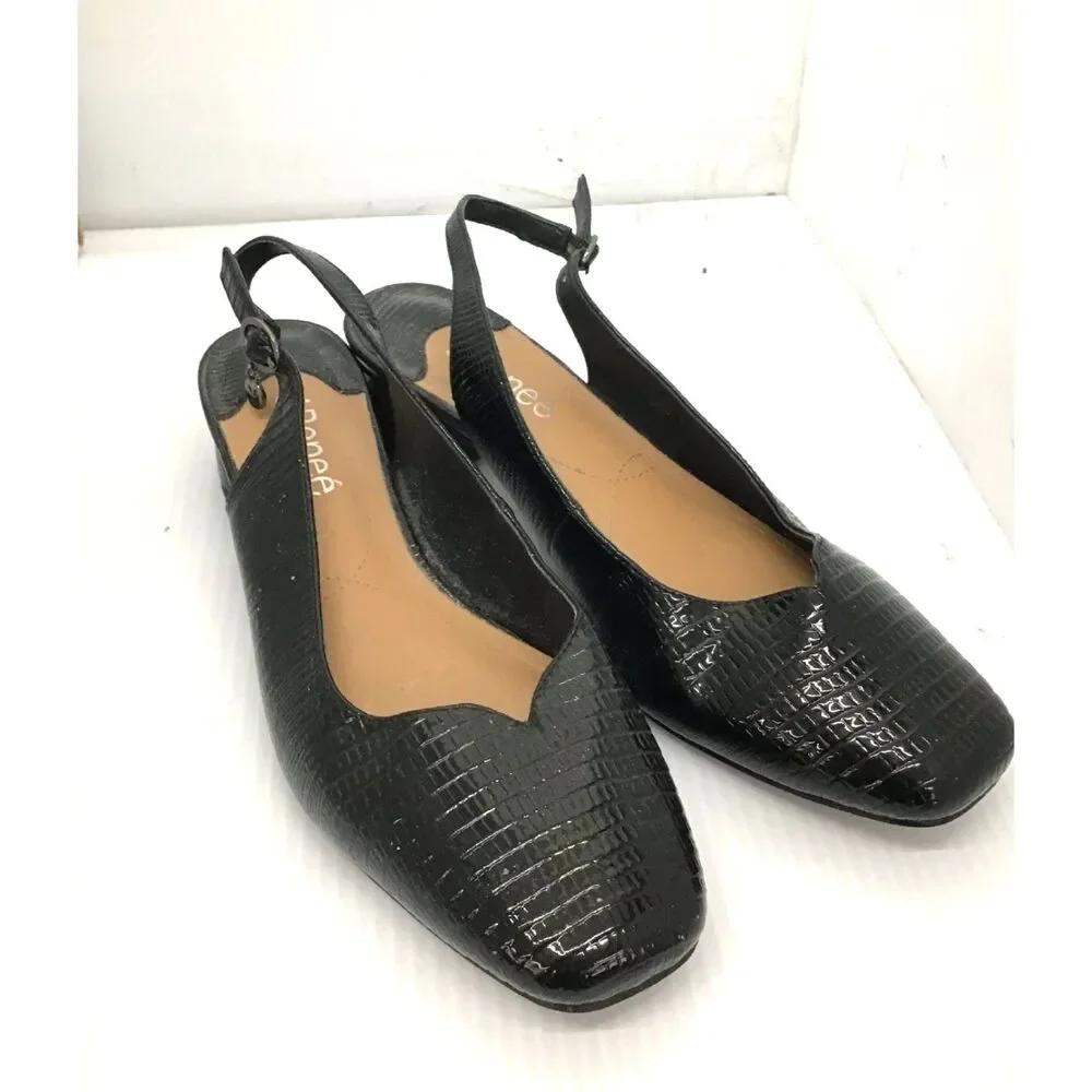 J. Renee Black Faux Croc Slingback Dress Shoes Women's Size 8M Low Kitten Heel